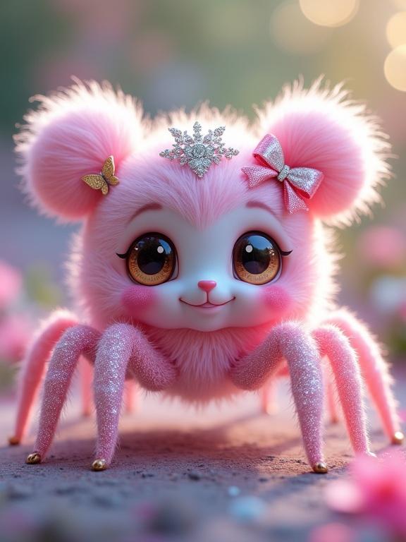 A whimsical spider-like being with an adorable and glamorous appearance. Fluffy pink body with high pigtails, large brown eyes, and rosy cheeks. Sparkling pink legs and a glittery headpiece with a pink bow and a golden butterfly. Dreamy background with pinks, greens, and golds, suggesting a magical environment.