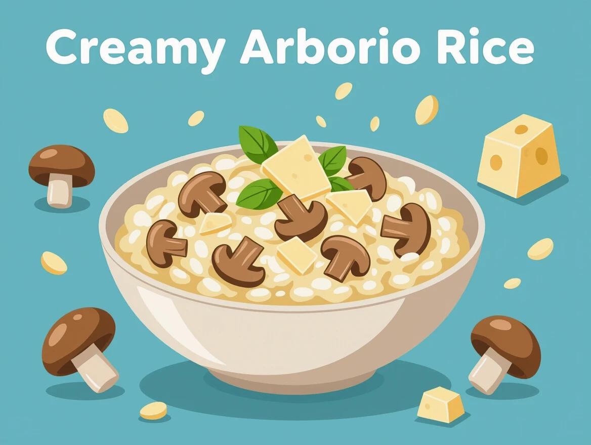 Creamy Arborio rice cooked with porcini mushrooms and topped with Parmesan. Flat cartoon-style vector illustration with clean geometric shapes. Soft rounded edges against a solid background.