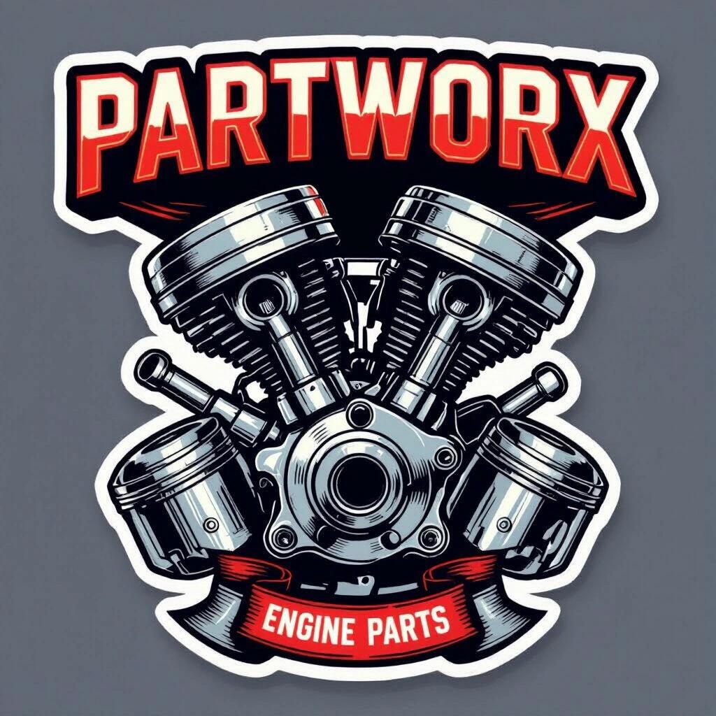 Sticker design features the name 'Partworx'. Includes images of engine parts like pistons valves and cams. Strong and bold style. Highlights mechanical elements. Engaging and clear design. Suitable for automotive enthusiasts.