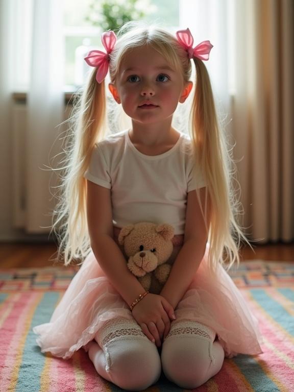 A girl with long blonde hair styled in twin tails adorned with pink bows. She kneels on a colorful rug in a softly lit living room. Wearing a short white crop top and pale pink skirt. Thigh-high socks adorned with lace. Simple black shoes. Holding a teddy bear tightly. Facial expression shows innocent curiosity while glancing up.