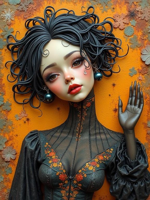 3D female doll with artistic design. Intricately detailed face and hair. Warm colors with floral motifs. The doll is waving gently.