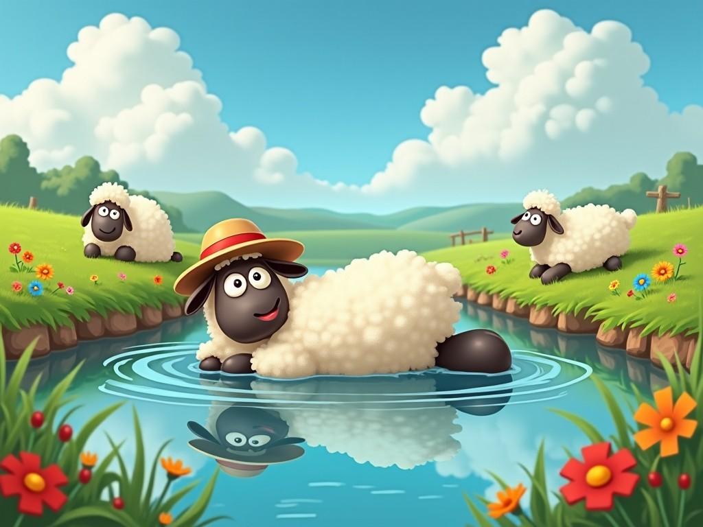 The image features a whimsical, cartoonish scene of sheep in a vibrant green landscape. One sheep, resembling Shaun the Sheep, is lying comfortably in a blue pond, sporting a cheerful expression. Two other sheep are grazing in the background, adding to the playful atmosphere. The scene is filled with colorful flowers and a bright blue sky, creating a joyful and peaceful setting. This artwork would appeal to children and families, making it suitable for various kid-oriented projects.