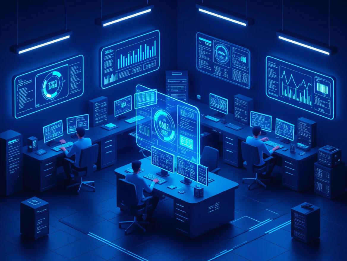 Isometric view of futuristic control room with multiple computer stations and holographic display screens. Scene should be empty of people. Focus on sleek design elements with glowing interfaces and transparent data panels. Detailed consoles with monitors and blinking lights. Atmosphere feels advanced and immersive with cool-toned ambient lighting. Render in high resolution with clean lines.