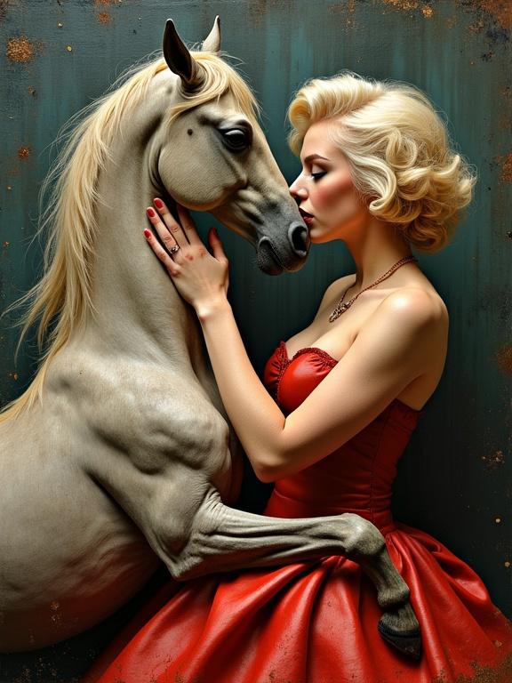 Artistic depiction of a woman in a red dress gently embracing a horse. The image combines elements of glamour and whimsy, highlighting emotion and beauty. Mixed media style incorporates intricate details and a vintage aesthetic.