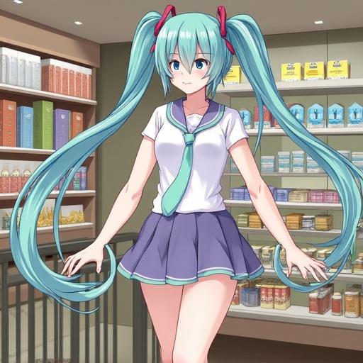 Anime character with long blue hair and twin tails wearing a school outfit standing in front of a convenience store shelf. The character is smiling widely with a playful expression.