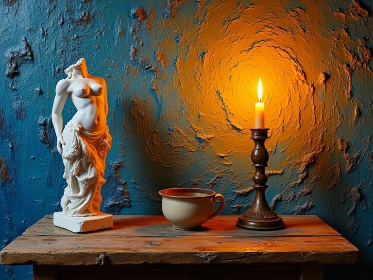 A vibrant still life arrangement features a rustic wooden table with an erotic female sculpture and a flickering candle. The background shows a textured wall painted in bold strokes reminiscent of Van Gogh. Light from the candle creates dynamic shadows.