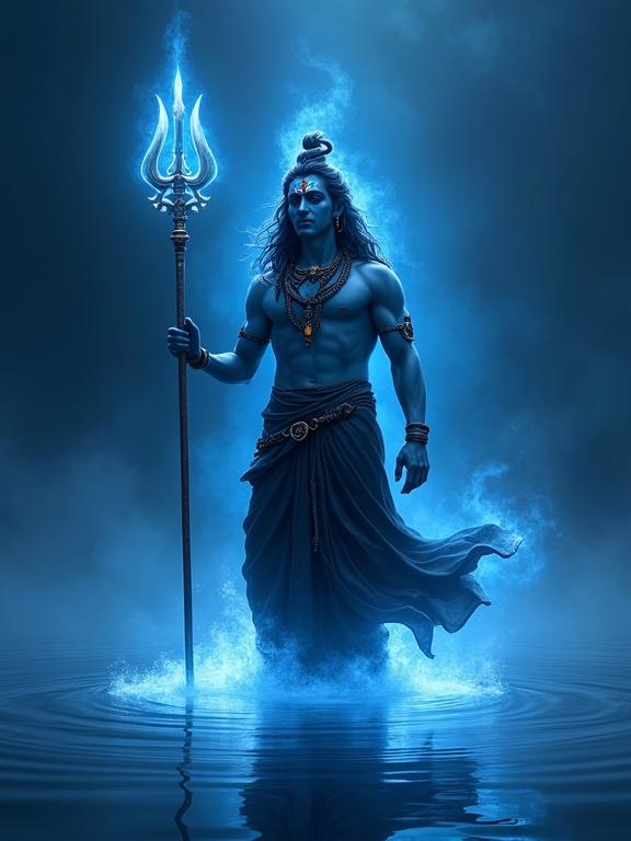 Digital fantasy artwork featuring Lord Shiva in serene water under a celestial sky. Depicted as a powerful figure with muscular physique glowing with energy. Wears flowing black attire. Holding a trident. Expression shows calm wisdom. Long, matted hair adorned with crescent moon. Deep indigo and charcoal environment with bluish-white mist. Soft lighting for highlights. Style is high-resolution digital fantasy art.
