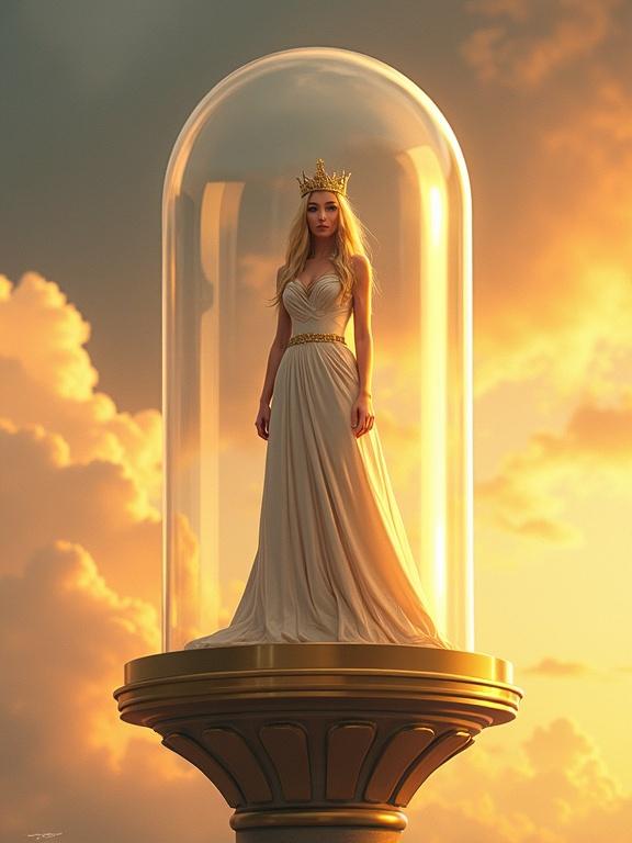 Digital illustration of a woman inside a glass dome. Dome on golden pedestal. Woman wearing a dress with gold accents. She has long blonde hair. Background is a cloudy sky with orange and yellow hues. Overall mood is dramatic and regal.