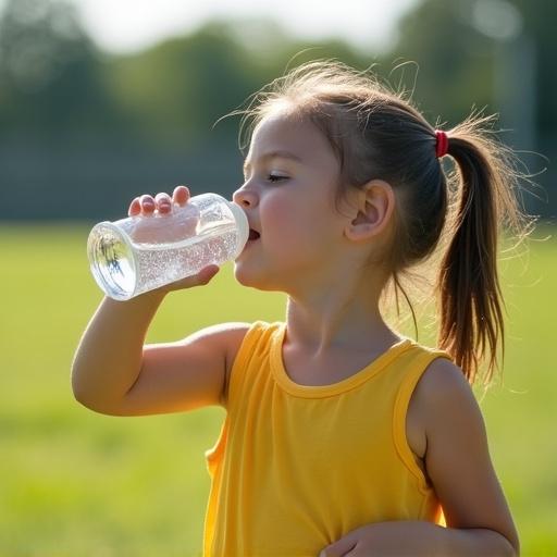 Child in a yellow shirt drinks water from a clear plastic bottle. Background shows a green sports field under sunlight. The child's hair is tied back. The child is smiling while drinking water.