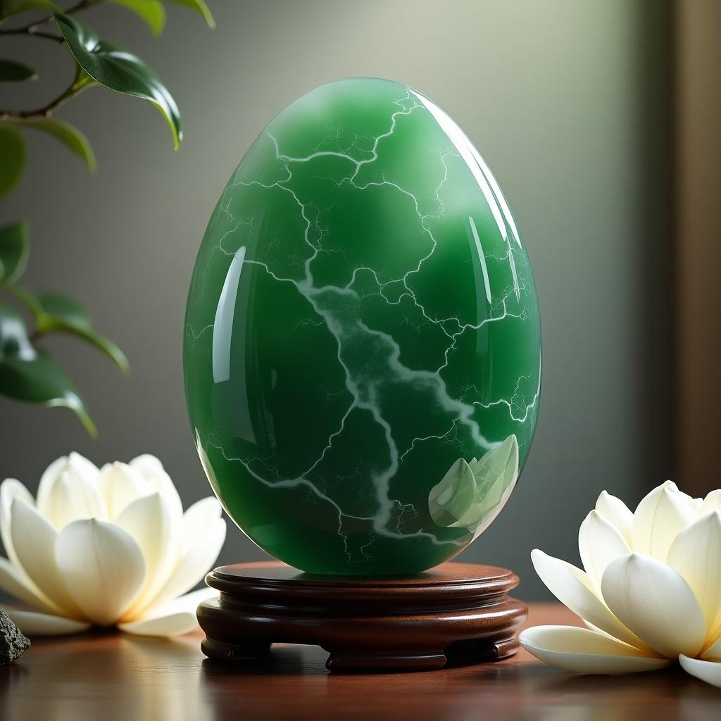 A polished jade egg placed on a wooden stand. Soft lighting highlights the egg's texture and color. White lotus flowers in the foreground enhance the tranquility of the scene.