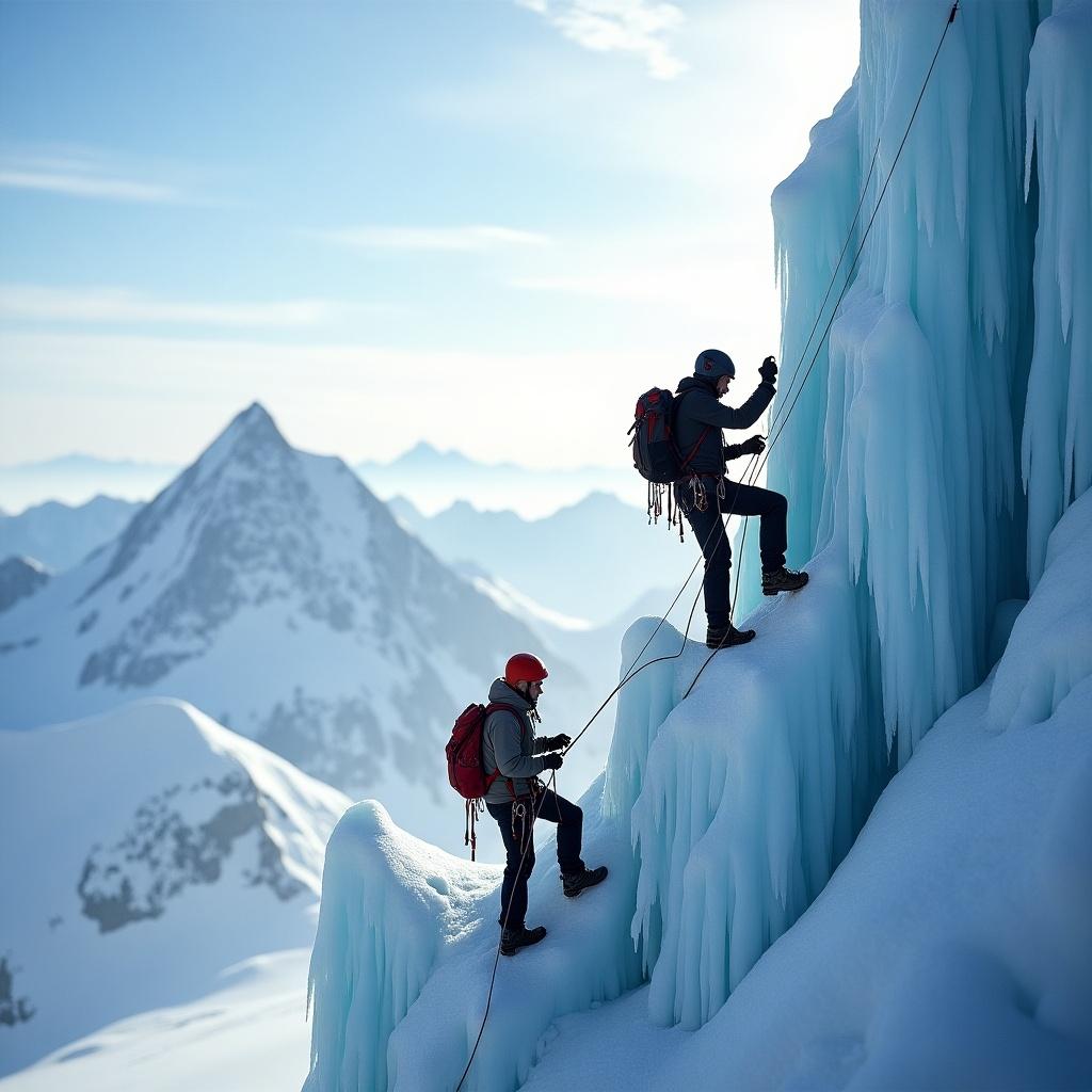 Climbers scale icy peaks with ice formations. Bright daylight enhances the scene. Mountains surround the climbers in a stunning alpine landscape.