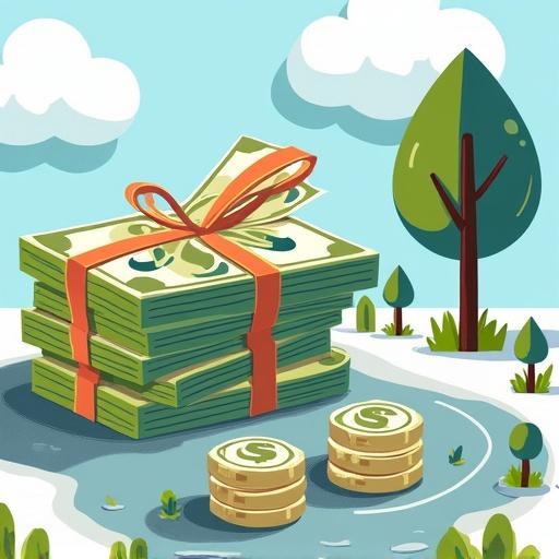 Images of stacks of cash and coins in a park setting. Money is tied with a ribbon. Bright sunny day with trees and clouds. Illustrative style.