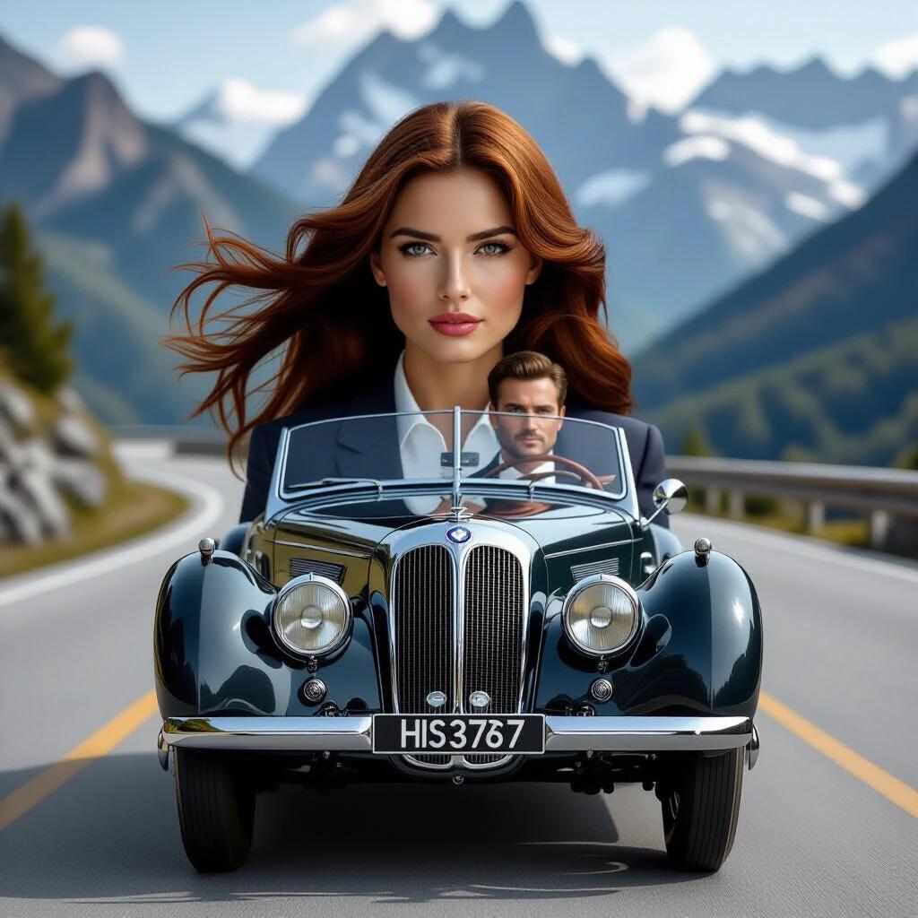 Ultra realistic photograph of a 1937 BMW 328 sports car on a winding mountain road. Car is viewed from a low-angle perspective with a woman driving. Long dark red hair blown straight backward by the wind. The car has chrome details gleaming with water beads. Rain droplets on the windshield and headlights cutting through mist. Wet asphalt reflecting the surroundings. Setting is after rain on the Carpathian mountain road with misty peaks in the background. The atmosphere is moody and cinematic.