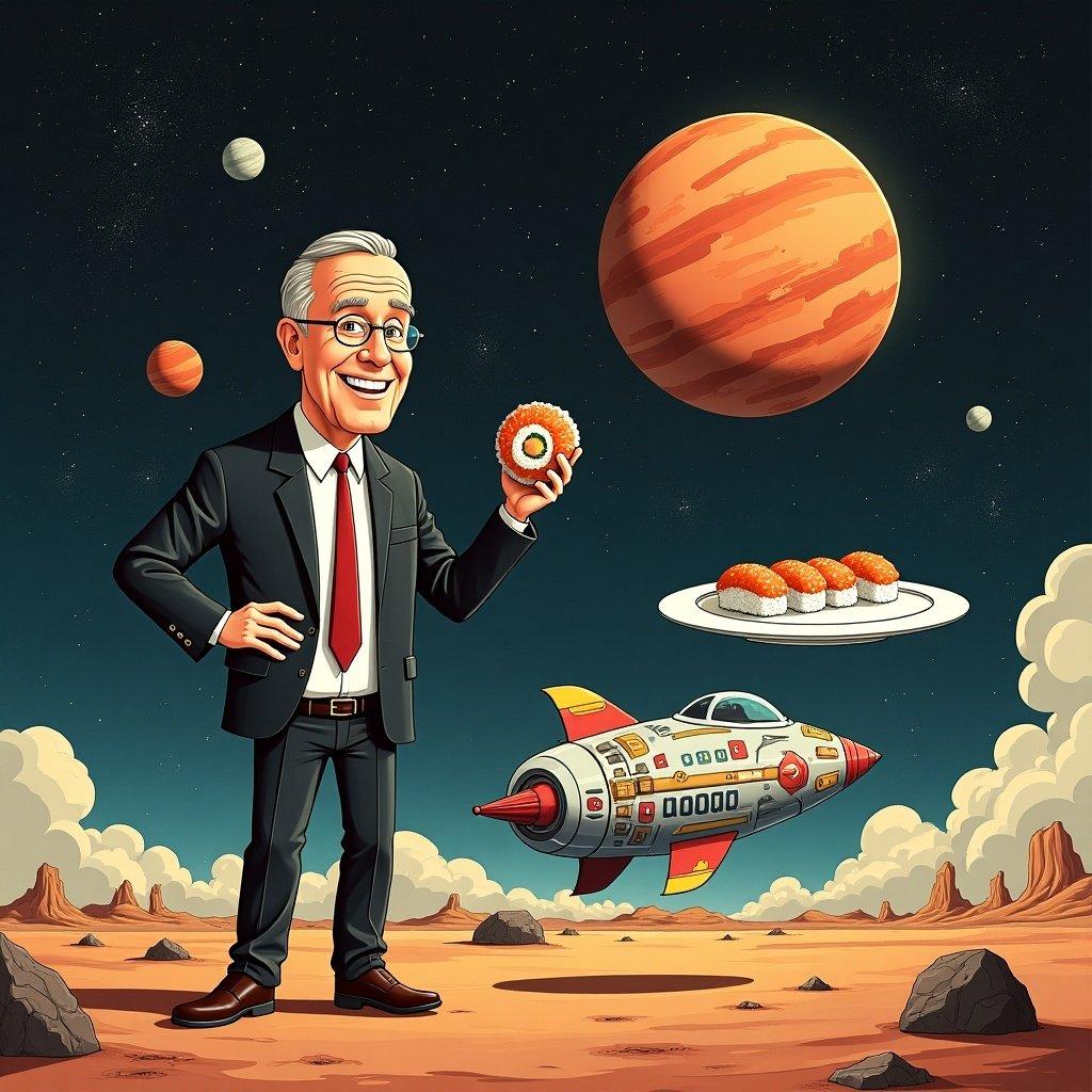 A cartoon character in a suit holding sushi with a large planet in the background. A spaceship is flying near. The scene has rocky terrain and clouds in space.