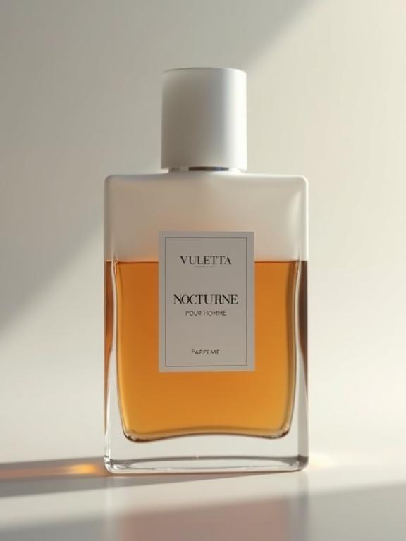 Minimalist mockup square of a frosted glass perfume bottle. Square base and rounded top. Contains warm dark amber liquid. Partially obscured by the frosted surface. Reflective surface beneath enhances elegance. Background is soft gray for a minimalist aesthetic. Warm color grading. Macro shot with soft focus. Cream background for label with 'VULETTA' in bold bespoke engraved-style unique font in metallic silver at the top. Below it 'NOCTURNE' in flowing script in dark silver. Below it 'POUR HOMME'. Faint metallic silver 'PARFUME' near the bottom. Warm amber outline along label's edge.
