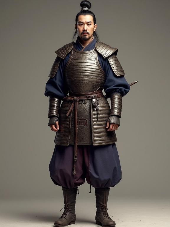 Character description of a Northern Song Dynasty military officer. Natural relaxed pose, facing forward clearly. Steady gaze, exuding quiet confidence. Late 30s, stern expression, trimmed mustache and short beard. Hair tied in topknot, covered by cloth headwrap. Wearing mountain-pattern lamellar armor. Dark-steel tone, leather bindings, visible lacing. Broad shoulder guards, sturdy chestplate, reinforced arm protection. Legs covered with tassets and greaves. Deep indigo or muted crimson tunic with cuffs. Practical leather boots, signs of campaign use. Dao sword in plain scabbard at side. Neutral background emphasizes armor details.