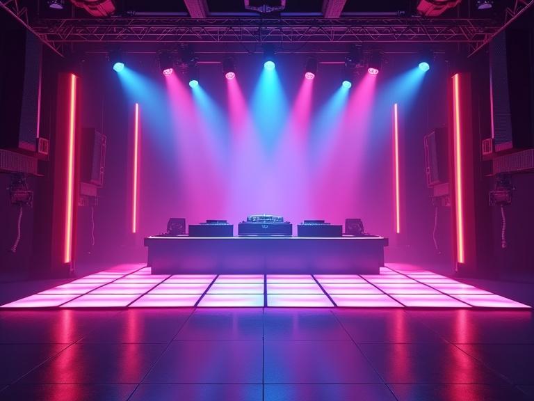 Orthographic view of nightclub stage illuminated with colorful neon and LED lights. Glowing dance floor in front of the stage. Modern DJ booth or performance platform. Dynamic lighting effects create an immersive ambiance. Reflective surfaces and geometric shapes enhance energy. No people, no logos, no text.