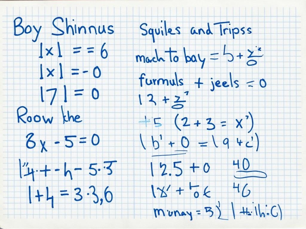 The image features a piece of graph paper filled with handwritten notes and math formulas in blue ink. Various calculations such as '1 x 1 = 1' and '8 x 5 - 0' are displayed prominently. There are also notes with expressions and solutions, showcasing a child's or student's learning process. The writing style is simple and straightforward, indicative of primary or elementary school work. The background is clean and unobtrusive, emphasizing the handwritten content for easy readability.