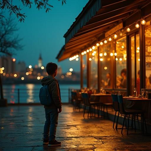 Scene set in Puerto Madero Buenos Aires at night in 2012. A child stands in front of a warmly lit restaurant looking inside. The boy has a blue backpack, wears casual clothes. Inside waiters serve meals while the river is blurred in the background. The boy’s posture shows curiosity and longing.