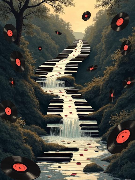 Melting piano keys transform into a waterfall of musical notes. Floating vinyl records surround the scene. Art Nouveau style showcases the whimsical blend of nature and music.
