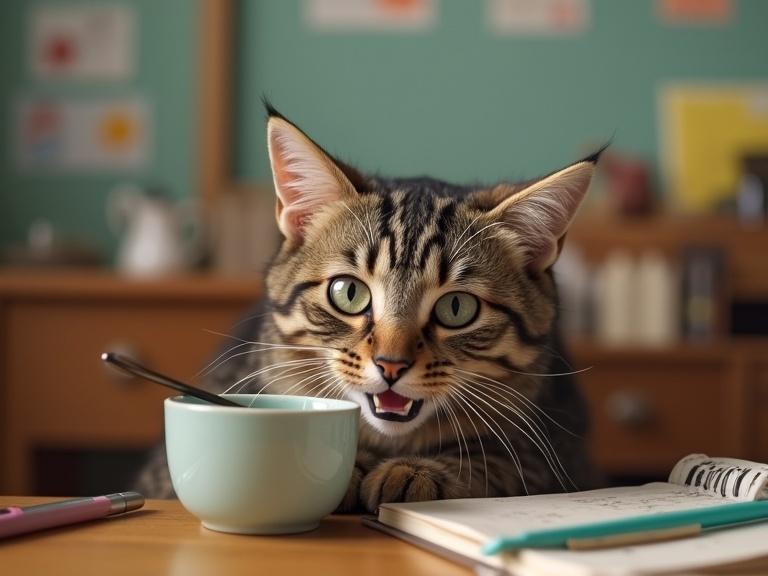 A cat is depicted in a cozy school environment. The cat looks playful and engaging. It has an excited expression while eating from a bowl. The background features a desk with school supplies and colorful artwork on the walls.