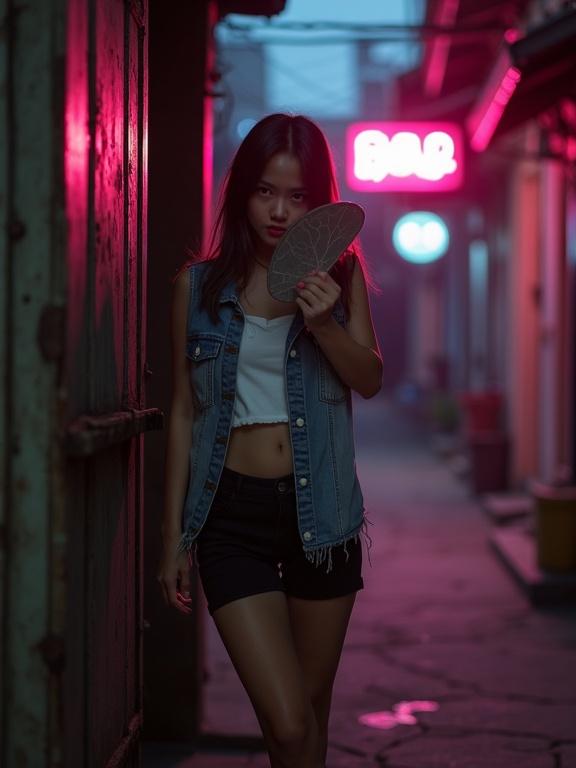 Dimly lit alley in a crumbling Southeast Asian district with cracked pavement faintly glowing under a flickering streetlamp. Young woman stands at a rusted gate. Neon sign casting a pinkish hue. Frayed denim vest, cropped white blouse, tight black shorts. Holding a cracked mirror. Lips parted in a half-smile. Bare legs glistening under low light. Hand on hip, gaze lingering toward shadows.