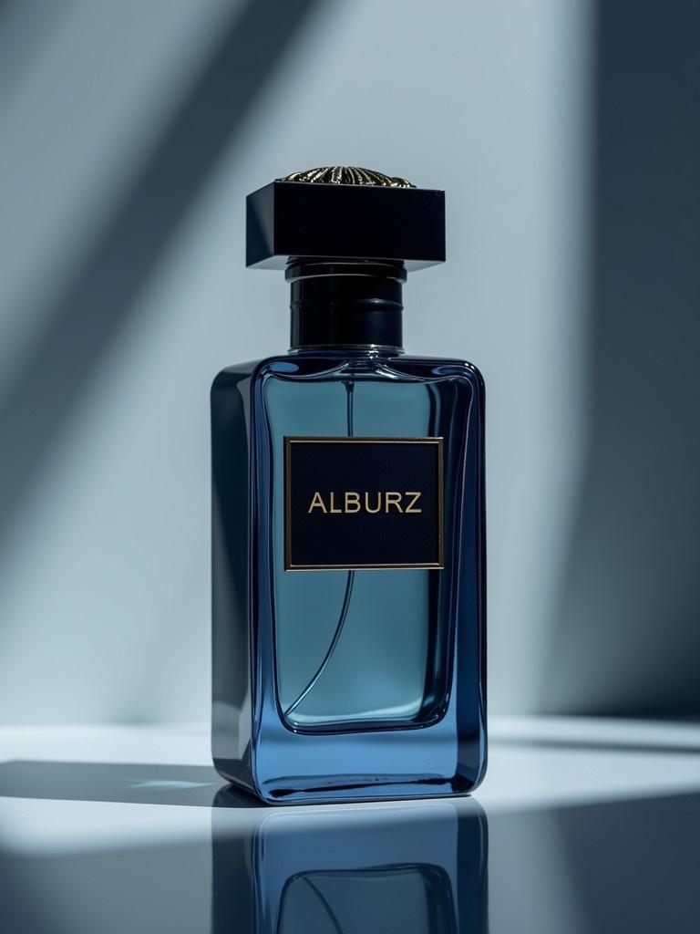 An elegant perfume bottle showcasing 'Alburz'. The bottle has a classic cylinder shape and a translucent navy blue color. It features a decorative black plastic cap and a prominent center label. Soft lighting enhances elegance and reflections. Perfect for luxury fragrance marketing.