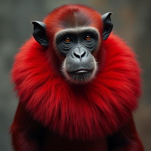 A monkey with a large red ruff resembling a clothing item in the style of Rembrandt.