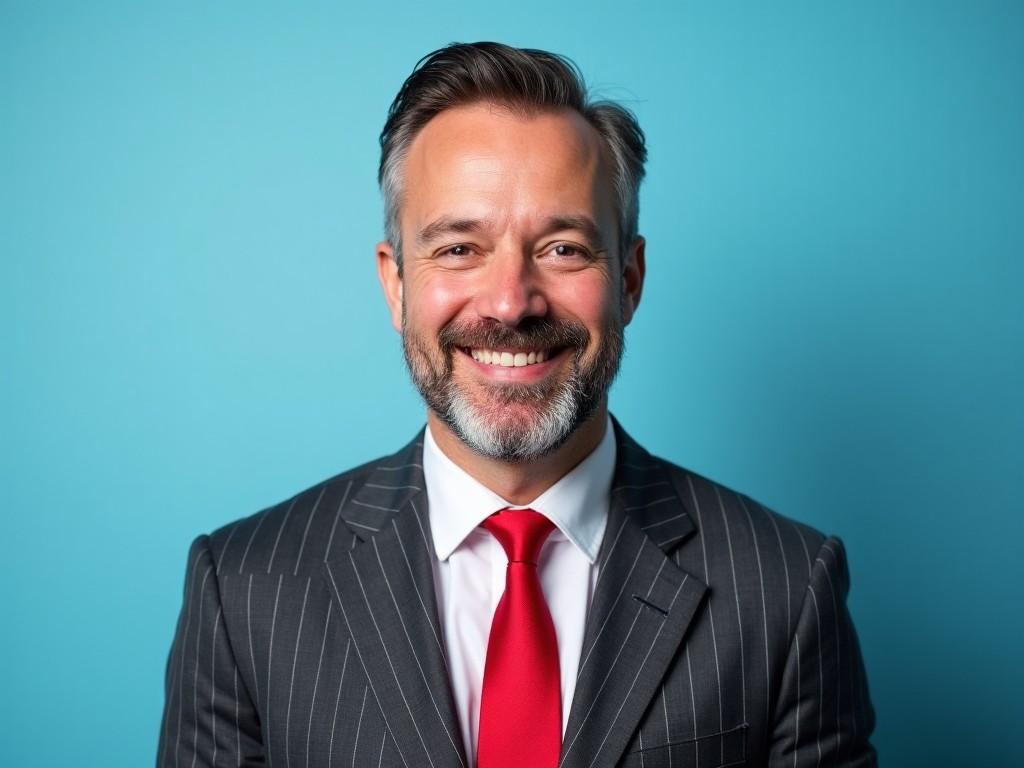 A middle-aged man with a neat beard and short hair is wearing a formal suit. The suit is dark grey with pinstripes, and he has paired it with a bright red tie. He is smiling warmly, looking directly at the camera. The background is a solid light blue, giving a professional and friendly appearance. The overall atmosphere is formal yet approachable, suggesting a possible business or professional setting.