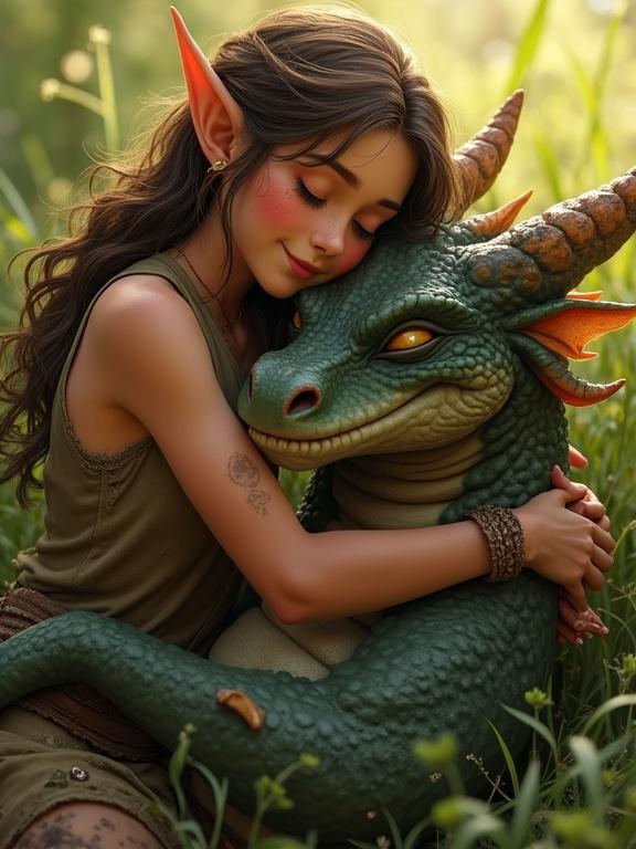 Beautiful young elven warrior hugs dragon friend in a meadow after hard fight. Torn sleepless clothes. Dirty sweaty tanned skin. Shiny skin. Eyes closed. Soft smile. Dragon has green scales and orange horns. Lush grass and flowers in the background.