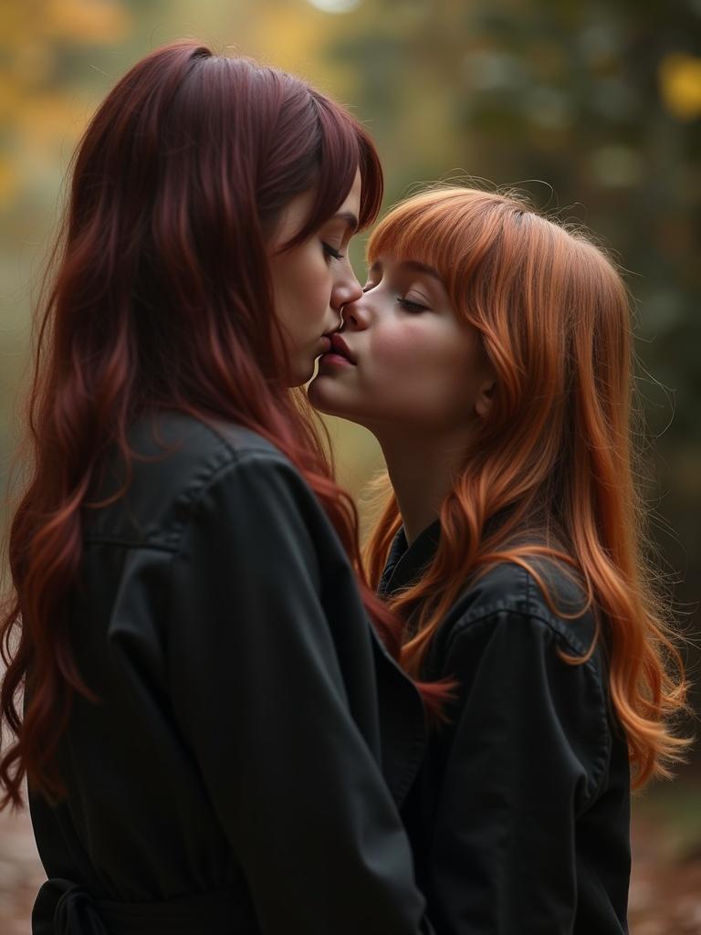 Two goth girls share a kiss in a forest. The first girl has long dark hair. The second girl has wavy copper hair. Their clothing is dark stylish. The setting is an autumn forest with soft light.