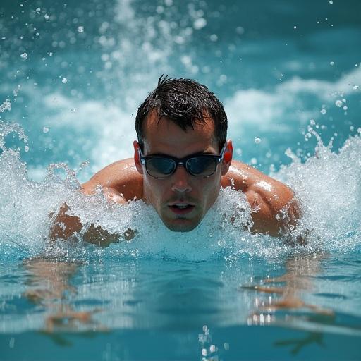 Man swimming in a pool wearing goggles. Water splashing around. Focus on facial expression and swimming technique.