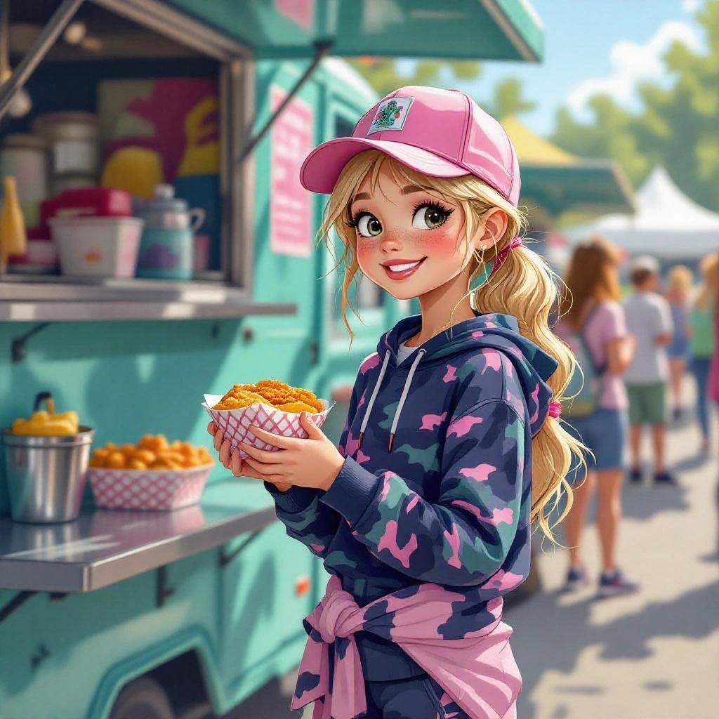 Brianna Jr at a food truck during a music festival. Cartoon girl with freckles and light-blonde ponytail. Wearing dark pink baseball cap and camouflage shirt. Pink hoodie tied around waist and navy-blue pants. Holding a bowl of food.