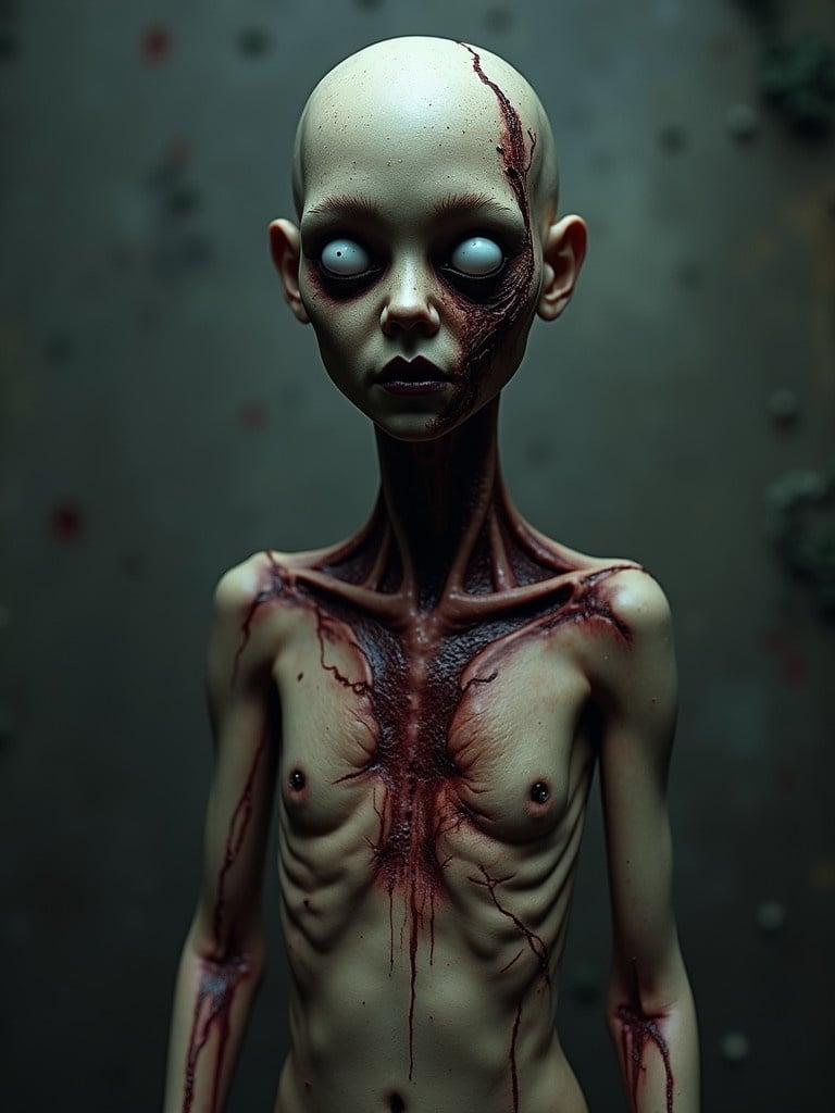 A humanoid figure with dark veins and peeling rotting wounds. The figure has opaque misty white eyes and a detailed torso. The setting is eerie with a grim atmosphere.