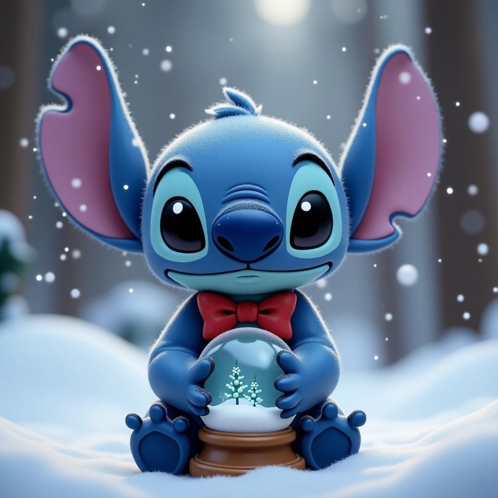 A cute character resembles Stitch from Disney. Character is blue with large ears and a bow tie. Character is holding a snow globe.