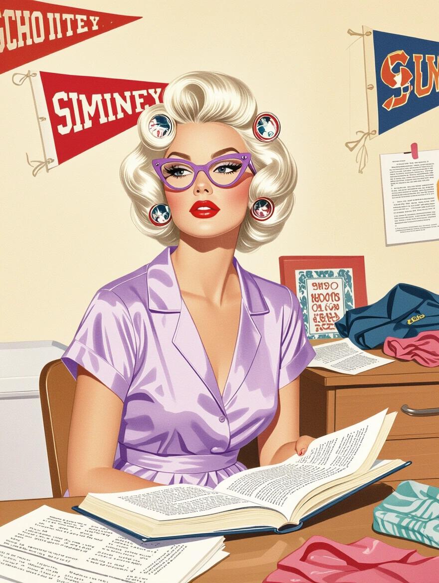 Stunning portrait of a woman with platinum blonde hair. Hair in curlers and wearing cat eye glasses. Woman dressed in lavender nighty, sitting at a desk. Reading a school book in a messy sorority bedroom. University pennants on the walls. Flawless makeup with ruby red lips. Light source creates a warm ambiance. Accessories include retro items. Rendered in a style reminiscent of Slim Aarons photographs.