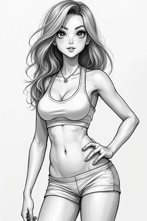 Illustration of a stylized female character wearing sportswear. Long hair and confident pose emphasize strength and fitness. Character's features are exaggerated with a focus on beauty and style.