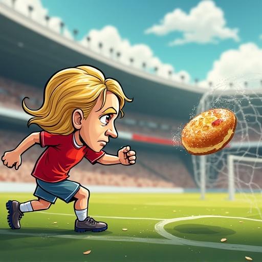 A cartoon linguini character with Frank Lampard’s face takes a long-distance shot at a garlic bread goal. The linguini has a long and playful body with a focused stance. The scene depicts a stadium in the background.