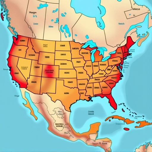 A detailed map illustrates the geography of the USA. The states are outlined. Color gradients represent different regions. Clear state borders are present. Includes light blue water bodies along the southern coast.
