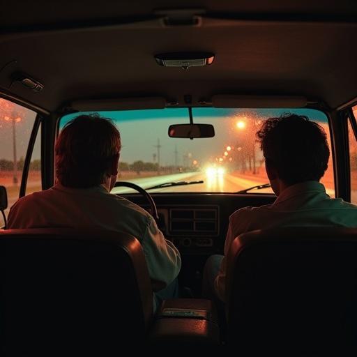 Scene inside an vintage 1983 Jeep Cherokee. Nighttime setting with warm ambiance from streetlights reflecting on fogged windows. Two young men in front seats, one serious driver, one smiling passenger. Female passenger in back with calm demeanor and a male passenger with a mysterious presence. Overall nostalgic and contemplative mood.