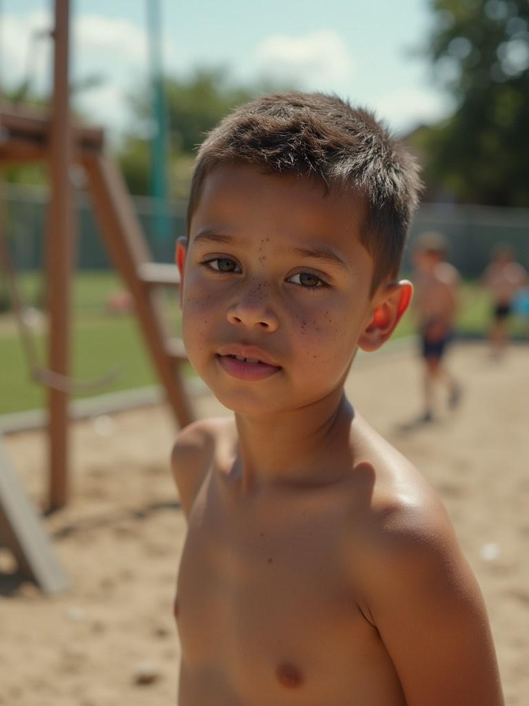 A boy with light skin and freckles enjoys playing on a playground. He is surrounded by other children engaging in various activities. Some kids are causing minor trouble while others play contentedly. The scene is filled with sunlight.