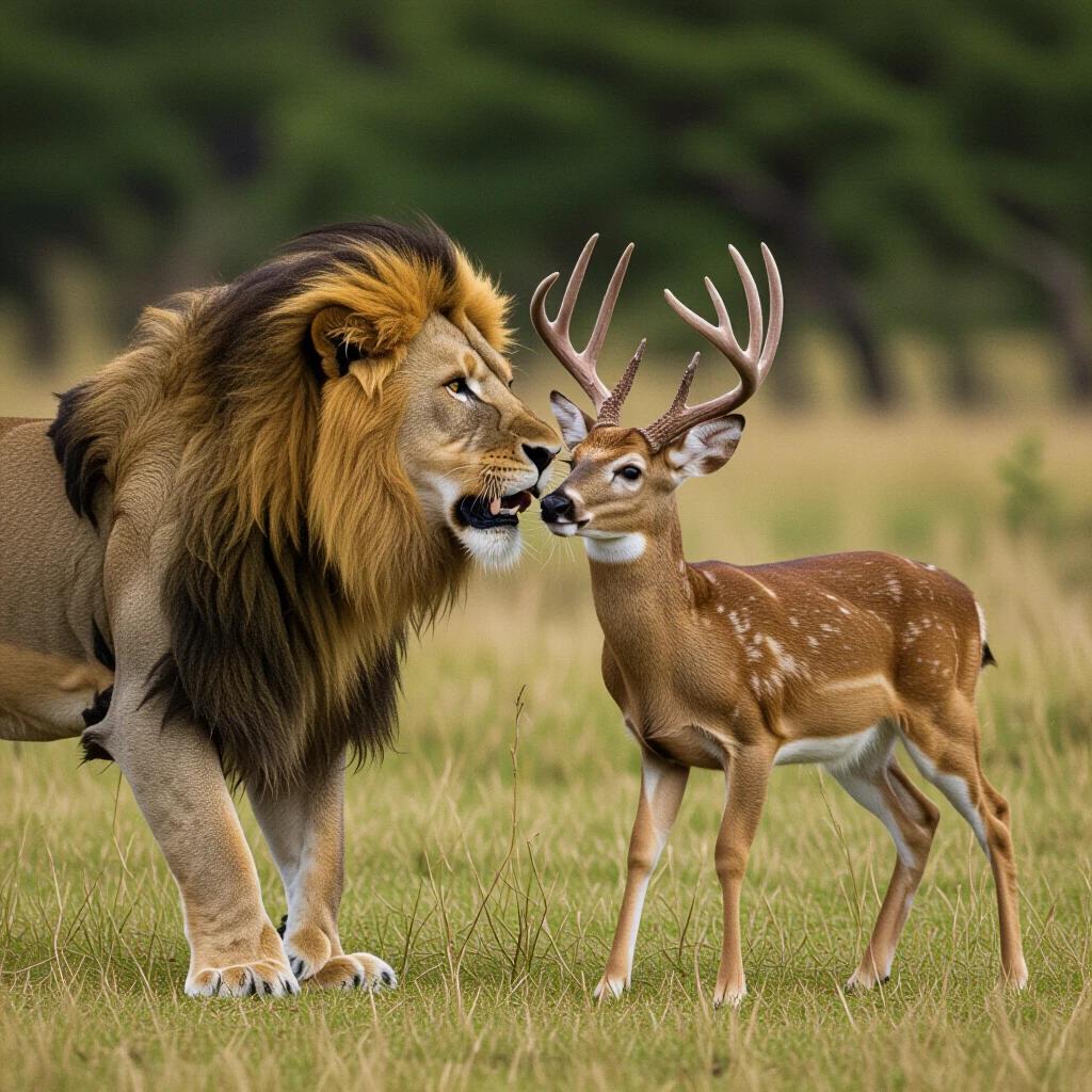 A lion and a deer gazing at each other in a natural setting. The lion has a majestic mane while the deer has antlers. The background shows grassland and trees.