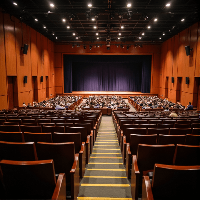 A large theater auditorium with wooden paneling, showing a filled audience and a stage with closed curtains under bright lighting.