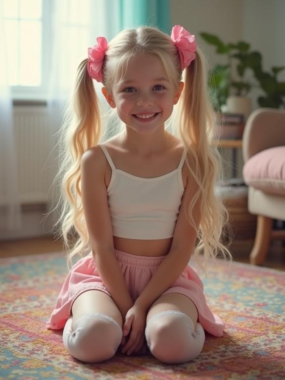 A girl with long blonde hair styled in twin tails wears pink bows. She kneels on a colorful rug inside a softly lit living room. Her outfit includes a white crop top and a pale pink skirt, accessorized with thigh-high socks and black shoes. She is smiling playfully.