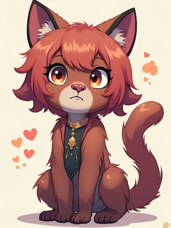Charming furry character with a playful expression. Character has fluffy brown fur, a cute collar, and captivating eyes. Background is light and simple with heart motifs.