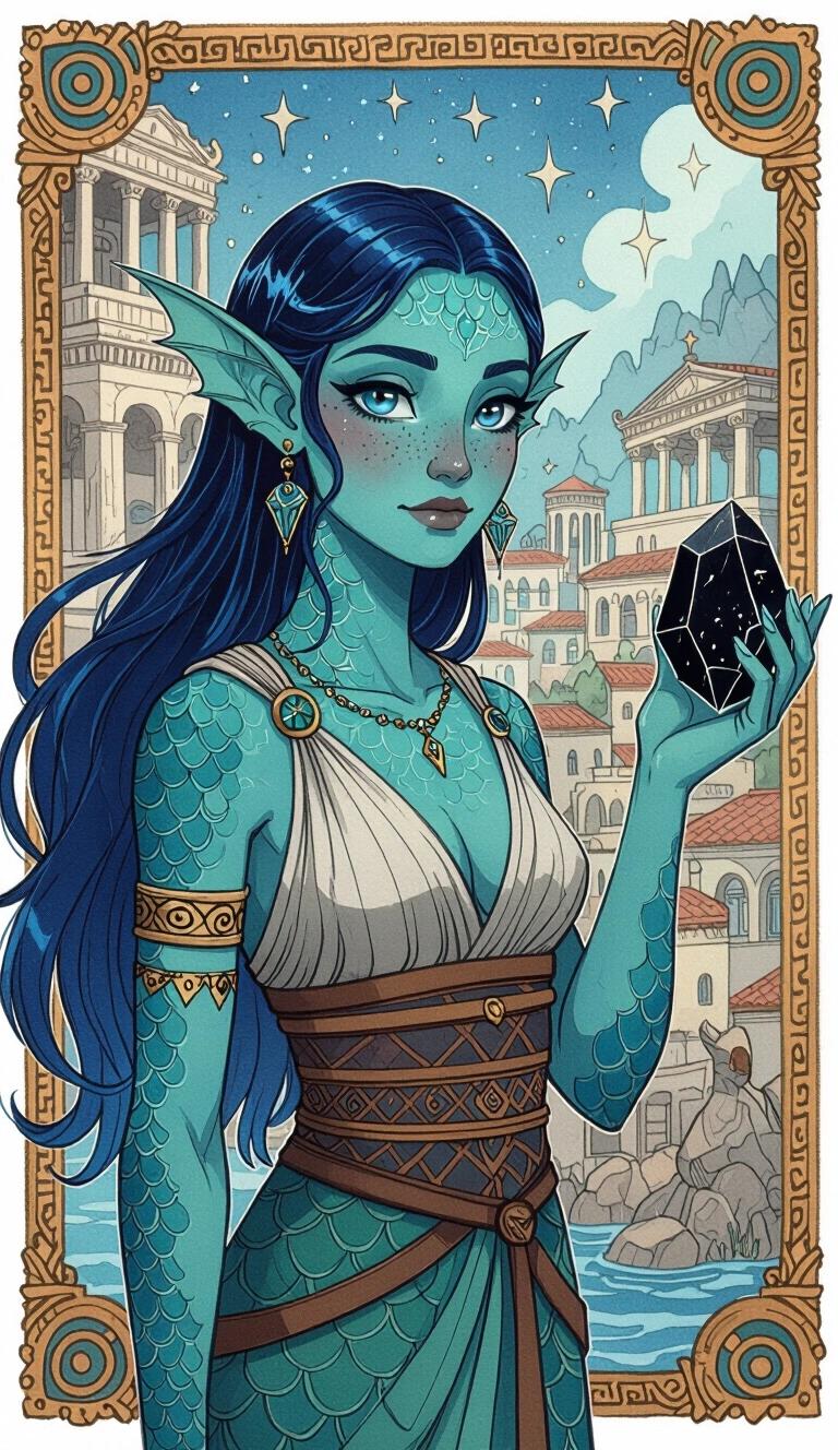 Dark watercolor illustration of a Triton female with sharp finned ears and green-blue scaled skin. Background shows an Ancient Grecian Fantasy port city. Character wears ancient-Greek-style clothing and holds a magic black stone. Has long blue slicked-back hair and is connected to stars. Youthful appearance with scales on cheeks, neck, and forehead. Full body depicted.
