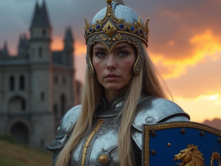 Portrait of a powerful Scandinavian queen and knight in silver armor. She has blue eyes and golden hair. Wearing a crown with lion motifs. Standing confidently with a sword and shield. Background features a gothic castle and stormy sky at dawn.