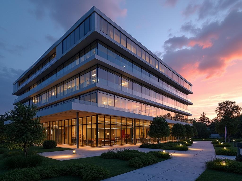 The image showcases a modern office building with an impressive architectural design. The structure features multiple levels with large glass windows that reflect the evening sky. Lighting is strategically placed around the entrance, illuminating the pathways and surrounding landscape. The building is a blend of horizontal and vertical elements, creating a dynamic visual appeal. In the background, a beautiful sunset casts a warm glow, contrasting with the cool tones of the building's exterior. Greenery, including trimmed bushes and small trees, can be seen in the foreground, adding a natural touch to the urban setting.