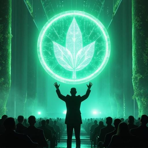 Cinematic digital painting of a futuristic conference with a speaker on stage addressing an audience. Speaker has arms raised in gesture. Scene is illuminated in green, cyan, and white. A large holographic leaf emblem is in the background, symbolizing nature and technology. Architecture is sleek with digital vines climbing the walls. Overall atmosphere is majestic and innovative.