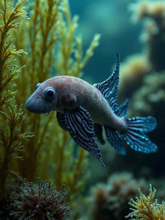 Image of a cuttlefish swimming amidst lush underwater vegetation. The body is long and flexible with fins on the sides. Coloring includes dark brown with white and blue stripes. Surrounding plants are dense and green. Captures the essence of marine beauty and intricate details.